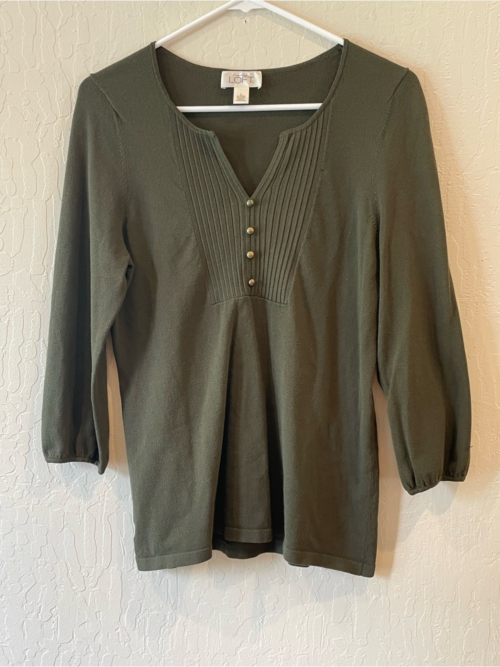 LOFT Ann Taylor Olive Green Henley Sweater Ribbed Bib Balloon 3/4 Sleeve L